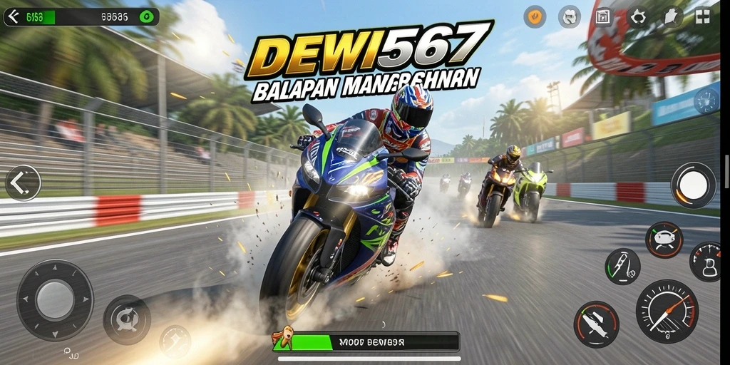 Screenshot gameplay DEWI567 menampilkan aksi balapan motor yang intens.