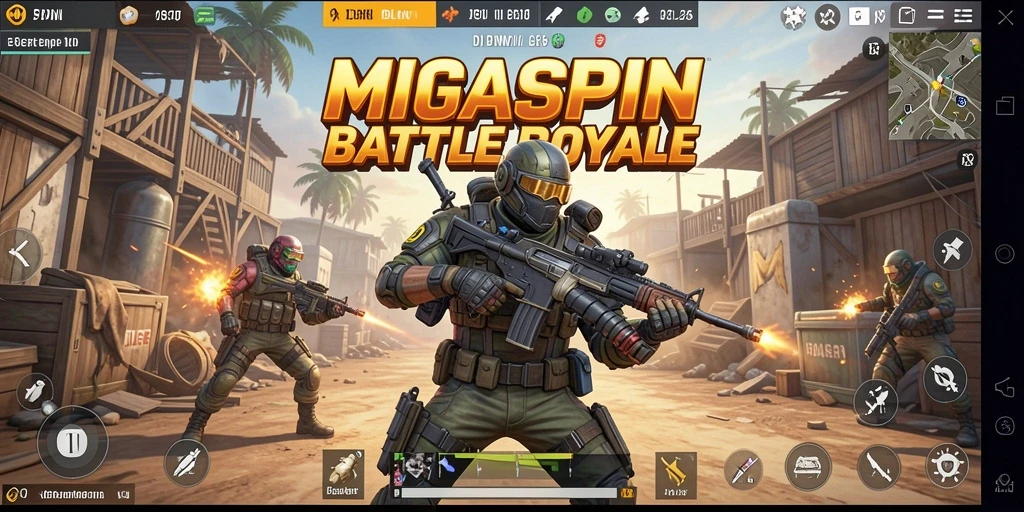 Tangkapan layar MIGASPIN menampilkan aksi seru dalam pertempuran Battle Royale.