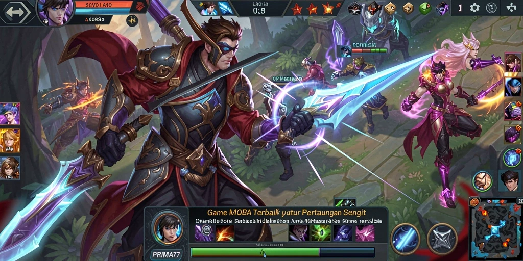 Screenshot gameplay PRIMA77 menampilkan pertarungan intens di arena MOBA.