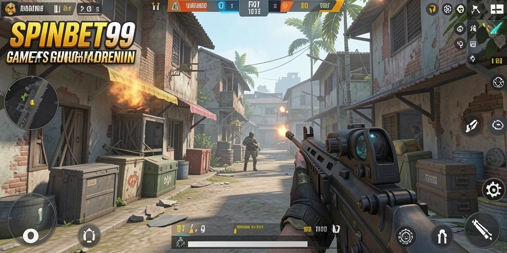 Tampilan gameplay SPINBET99 dalam pertempuran FPS yang intens.